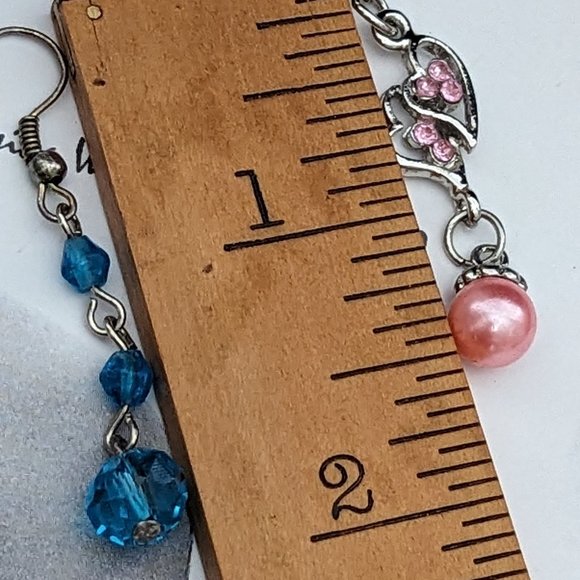 Cute Pink Heart Pearl and Crystal Earrings and Blue Crystal Dangle Bundle up - Picture 7 of 9